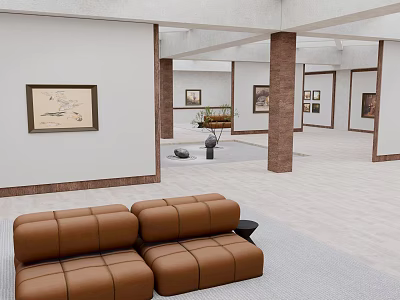 Modern Open Interior Space With Brown Leather Sofa Columns And Wall Art Decorations 3d model
