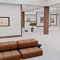 Modern Open Interior Space With Brown Leather Sofa Columns And Wall Art Decorations