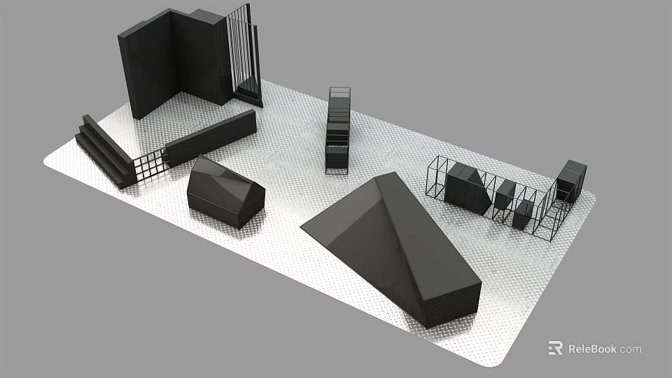 Black Geometric Art Installation Featuring Cubes Pyramids And Grid Structures On White Platform 3d model 
