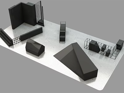 Black Geometric Art Installation Featuring Cubes Pyramids And Grid Structures On White Platform 3d model