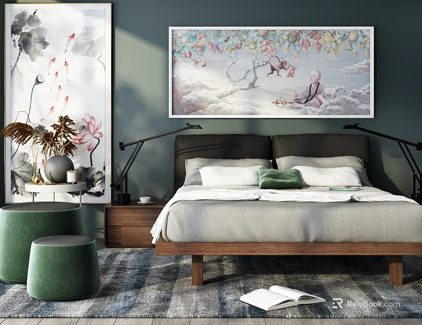 Double Bed Room Interior With Black Bedside Lamps Green Pillows And Wall Art On Rug 3d model 