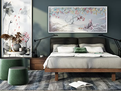 Double Bed Room Interior With Black Bedside Lamps Green Pillows And Wall Art On Rug 3d model
