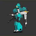 Turquoise Robot Game Movie Character With Weapons In Standing Pose On Reflective Background