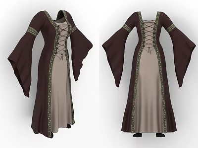 Medieval Brown And Beige Dress With Lace Up Front Bell Sleeves And Green Trim 3d model