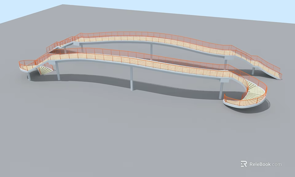 Modern Curved Bridge with Orange Railings and Winding Pedestrian Walkway 3d model 