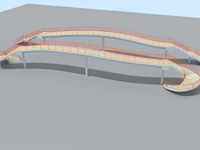 Modern Curved Bridge with Orange Railings and Winding Pedestrian Walkway 3d model