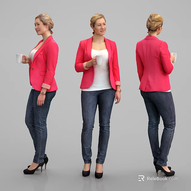 Woman wearing pink blazer white top blue jeans holding white cup with black high heels 3d model 