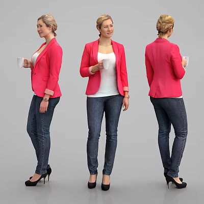 Woman wearing pink blazer white top blue jeans holding white cup with black high heels 3d model