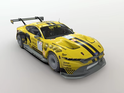 Yellow Ford Mustang Racing Car With Black Stripes Rear Wing And Sponsor Logos 3d model
