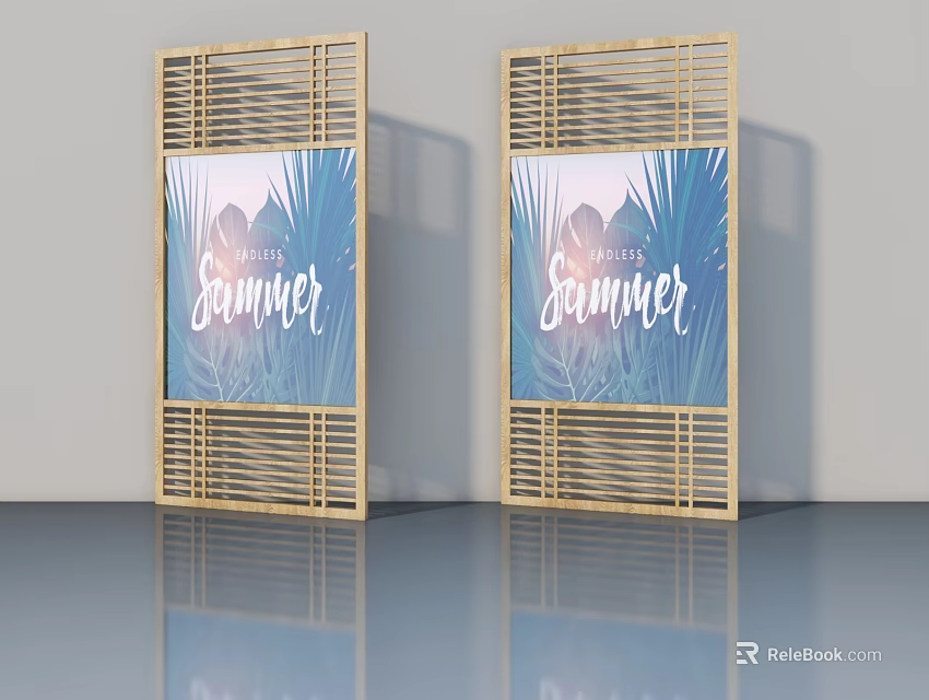 Hinged Doors with Wooden Grid Frame Blue Poster Pink Leaf and Perfect Summer Text 3d model 