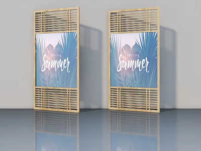 Hinged Doors with Wooden Grid Frame Blue Poster Pink Leaf and Perfect Summer Text 3d model