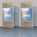 Hinged Doors with Wooden Grid Frame Blue Poster Pink Leaf and Perfect Summer Text