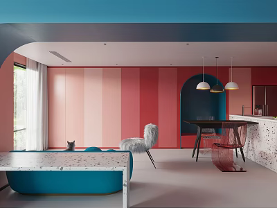 Modern Apartment Interior With Pink Blue Walls Open Space Sofa And Hanging Lights 3d model
