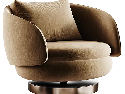 Modern Beige Velvet Single Sofa With Curved Armrests Round Metal Base And Cushion 3d model