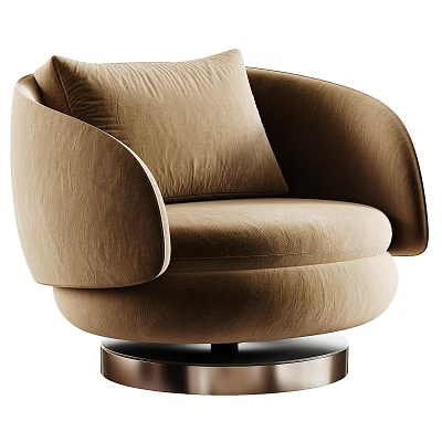 Modern Beige Velvet Single Sofa With Curved Armrests Round Metal Base And Cushion 3d model