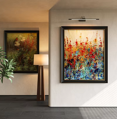 Colorful Oil Paintings With Vibrant Red Blue Hues Hanging On Wall In Interior With Floor Lamp 3d model
