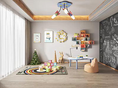 Vibrant Playroom with Chalkboard Wall Rainbow Rug Building Blocks Colorful Bookshelves and Bean Bag Chair 3d model