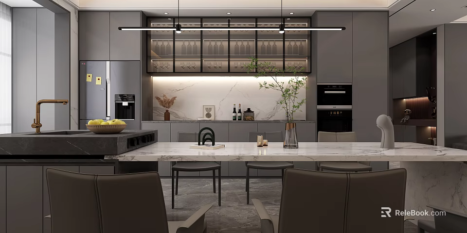 Modern Open Concept Living Dining Space With Marble Table Chairs Chandelier And Minimalist Decor 3d model 