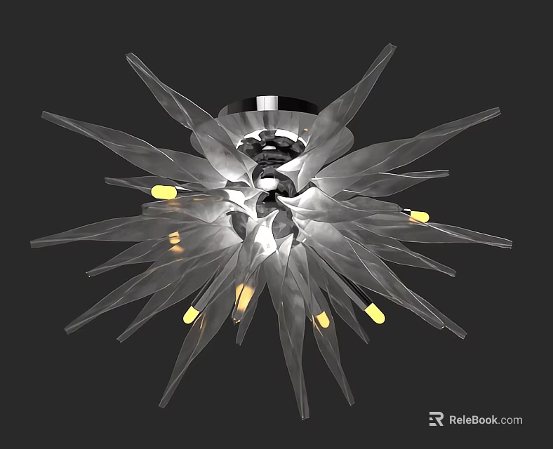 Modern Star Shaped Ceiling Light with Transparent Petal Structure and Yellow Bulbs 3d model 
