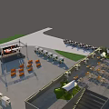 Vibrant Commercial Street Plaza With Stage Orange Chairs And Green Trees