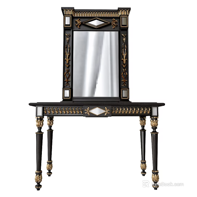 Classic Black Dressing Table With Ornate Gold Accents Carved Mirror And Decorative Legs 3d model 