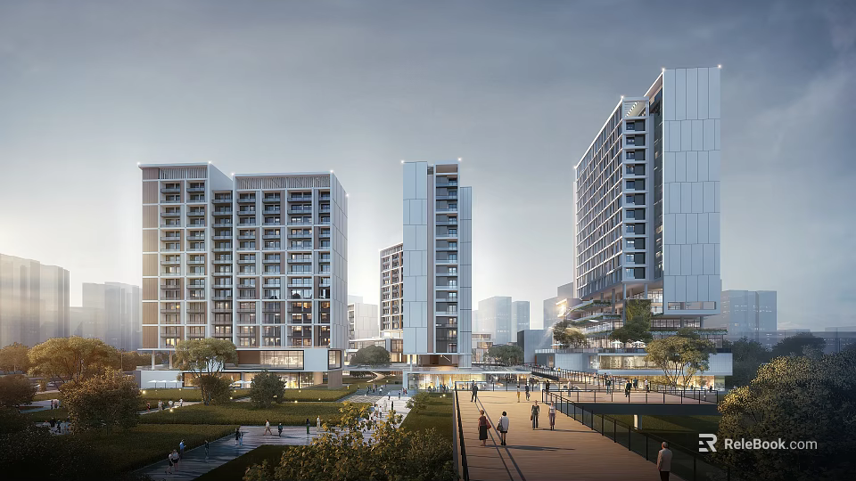 Modern High Rise Residential Buildings With Green Spaces And Pedestrian Walkways 3d model 