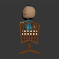Animated Cartoon Baby Character Standing in Wooden Crib with Blue Clothing