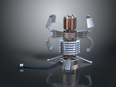 Shiny Metallic Mechanical Mechanism With Multiple Metal Arms Cylindrical Core And Black Cable 3d model