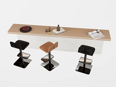 Light Wooden Bar Counter With Red Berries Bowl Small Glasses Magazines Three Black Brown Bar Stools 3d model