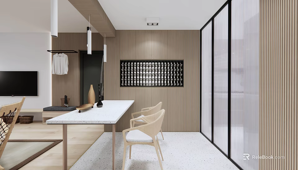 Modern Dining and Living Room Interior With Wooden Walls White Dining Table And Chairs 3d model 