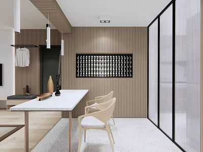 Modern Dining and Living Room Interior With Wooden Walls White Dining Table And Chairs 3d model