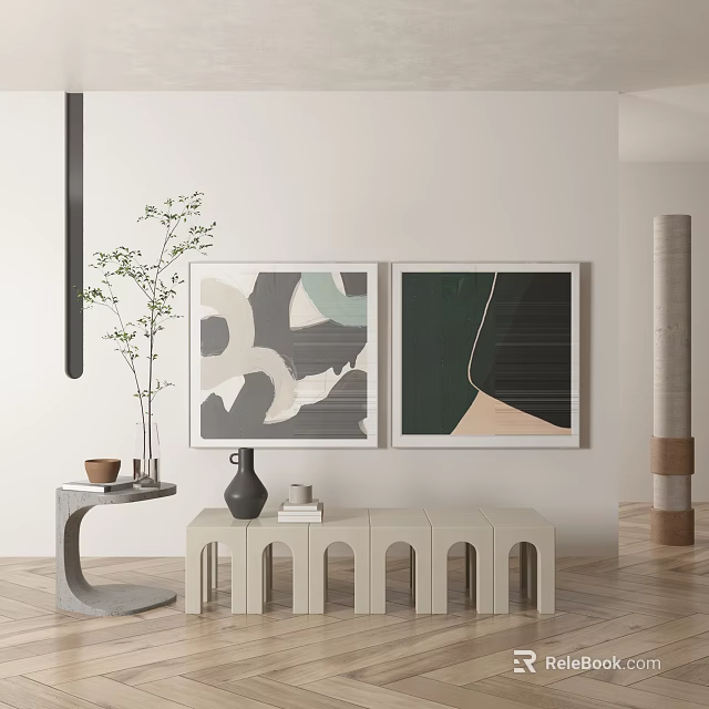Modern Interior With Abstract Paintings Light Bench Small Table And Vase 3d model