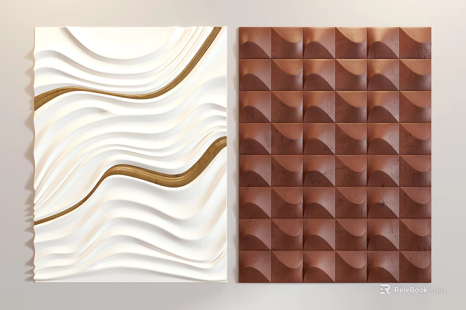 White And Brown 3D Textured Wall Decor With Wavy Lines And Diamond Patterns 3d model 