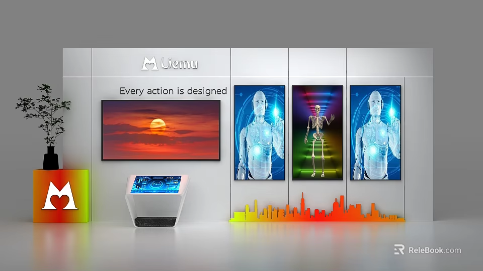 Modern Display Shelves With Touchscreen And Tech Themed Posters In Avenue Showcase 3d model 