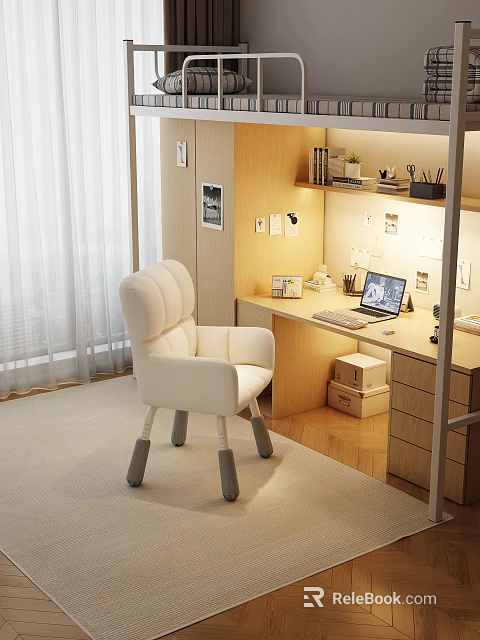School Dormitory Room With White Chair Desk Laptop Lamp And Storage Boxes 3d model 