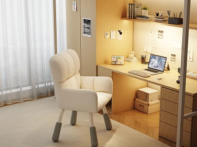 School Dormitory Room With White Chair Desk Laptop Lamp And Storage Boxes 3d model
