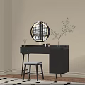 Elegant Dark Gray Dressing Table with Round Mirror Cosmetics and Upholstered Stool on Beige Wall 3d model