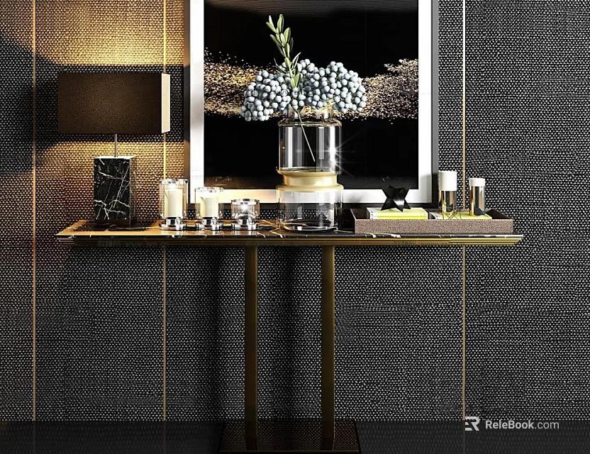 Elegant Console Table With Golden Legs White Flower Vase Table Lamp And Decorative Items 3d model 