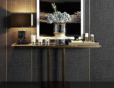 Elegant Console Table With Golden Legs White Flower Vase Table Lamp And Decorative Items 3d model