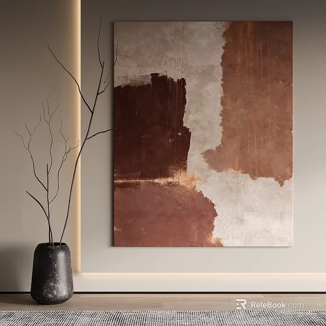 Abstract Wall Art With Brown Beige Tones And Black Vase With Branches 3d model 