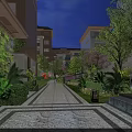 Garden Landscape In Evening With Stone Pathway Lush Green Plants Buildings And Circular Ornament