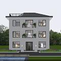 Three Story Detached Villa With White Exterior Balconies Lawn And Swimming Pool