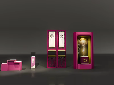 Retail Display Shelves Showcasing Luxury Cosmetic Products Pink Packaging And Golden Bottle 3d model