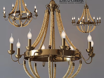Elegant Brass Chandelier With Rope Decoration And Multiple Candle Shaped Bulbs 3d model