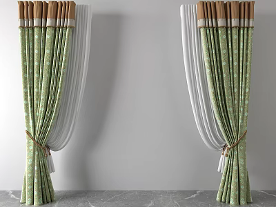 Green and White Patterned Curtains with Brown Top Tied in Home Interior 3d model