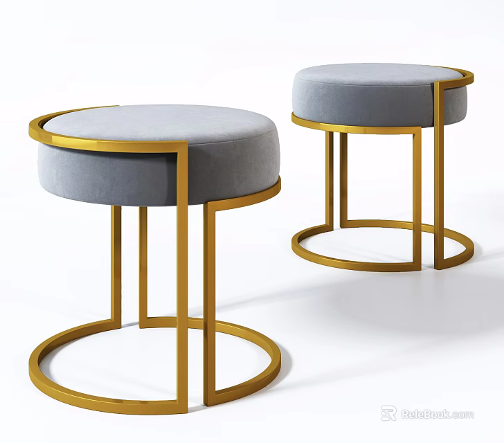 Modern Round Sofa Stools With Gray Upholstered Seats And Gold Metal Frames 3d model 