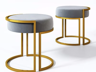 Modern Round Sofa Stools With Gray Upholstered Seats And Gold Metal Frames 3d model
