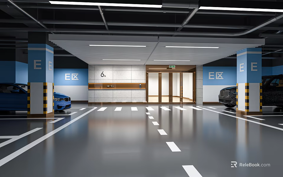 E Zone Parking Lot With Blue Yellow Pillars White Floor Markings And Parked Cars 3d model 