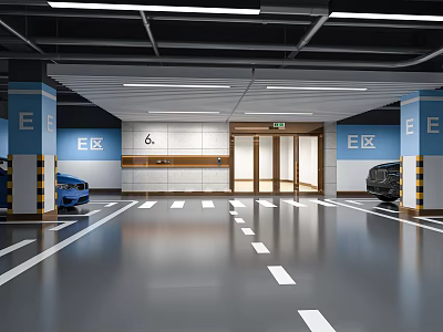 E Zone Parking Lot With Blue Yellow Pillars White Floor Markings And Parked Cars 3d model