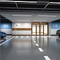E Zone Parking Lot With Blue Yellow Pillars White Floor Markings And Parked Cars